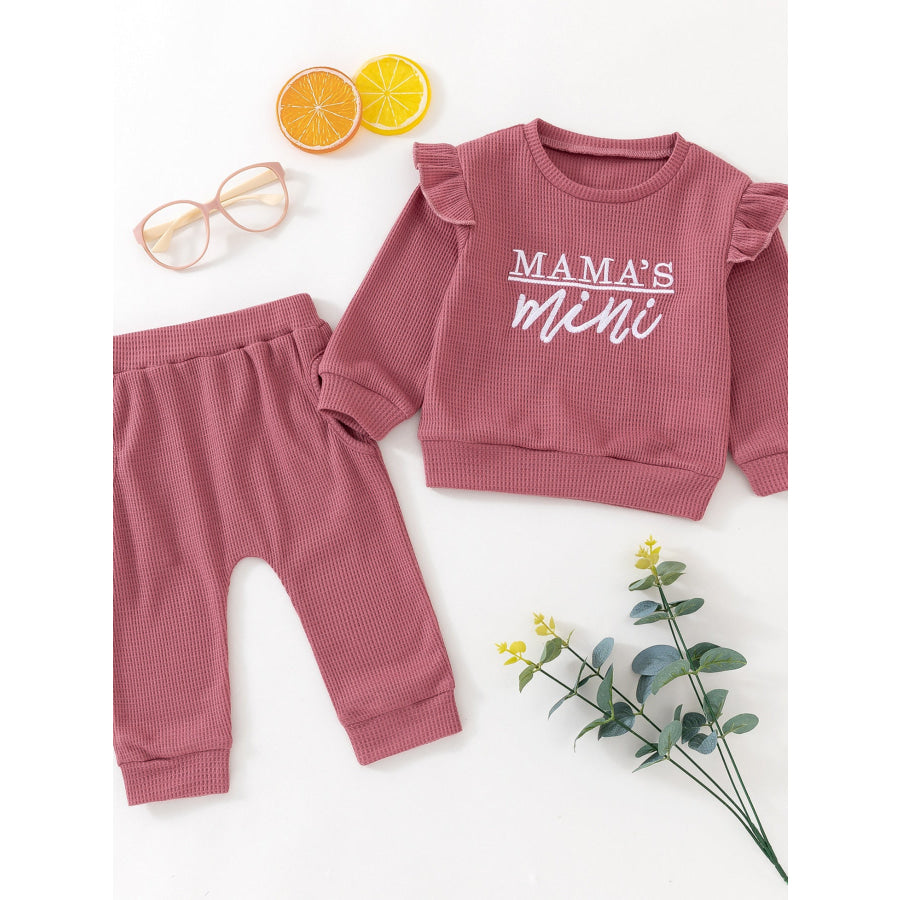 Children’s Letter Ruffled Trim Top and Pants Set Burgundy / 0-6M Apparel and Accessories