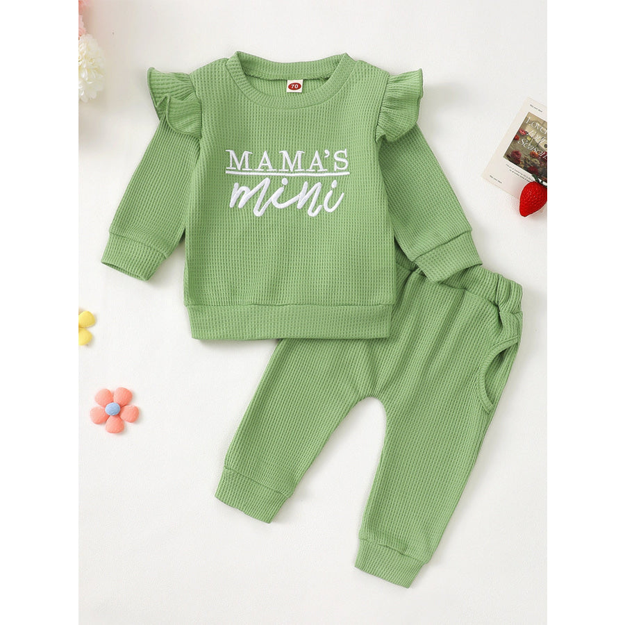 Children’s Letter Ruffled Trim Top and Pants Set Green / 0-6M Apparel and Accessories