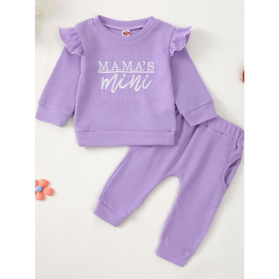 Children’s Letter Ruffled Trim Top and Pants Set Purple / 0-6M Apparel and Accessories