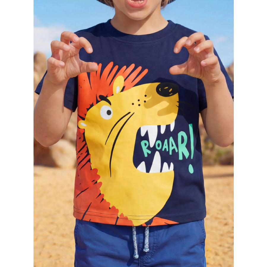 Children’s Lion Graphic Round Neck T-Shirt Dark Blue / 2-3 Apparel and Accessories