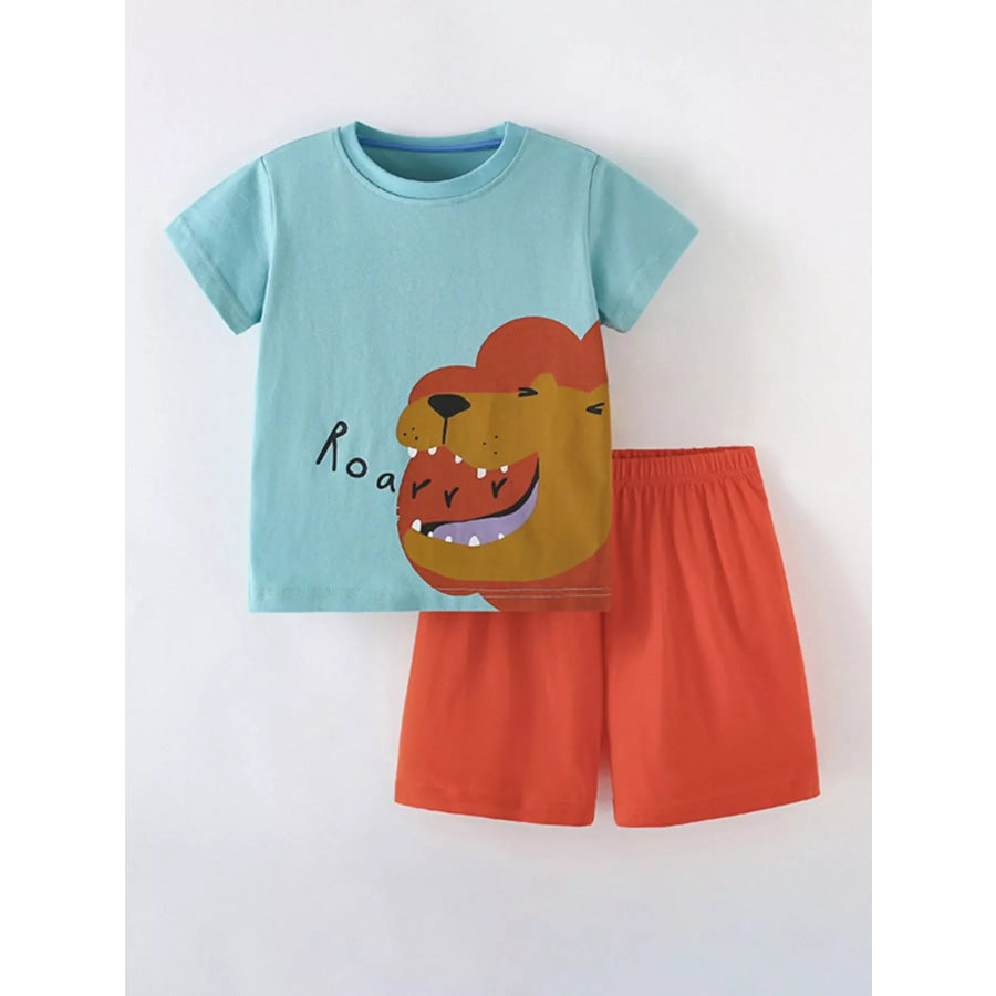 Children’s Lion Round Neck Tee and Shorts Set Pastel Blue / 3T Apparel and Accessories