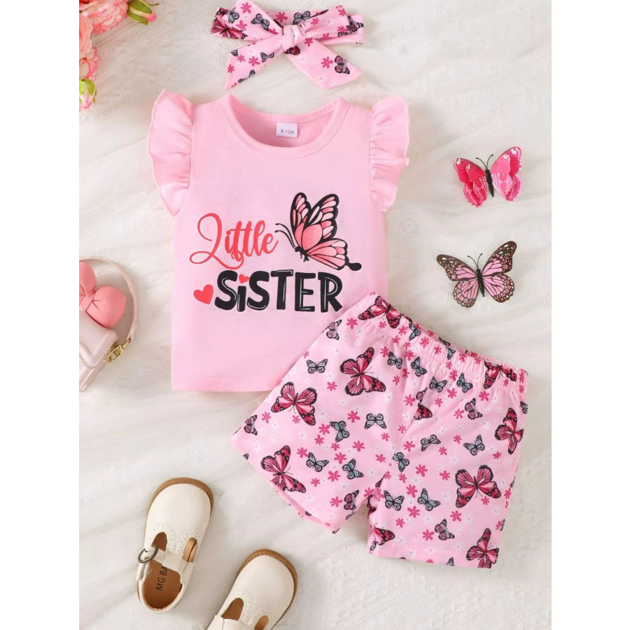 Children’s Little Sister Butterfly Print Ruffle Trim Set Pink / 6-9M Apparel and Accessories