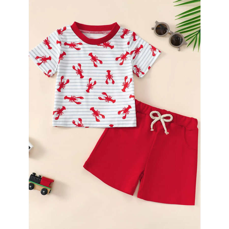 Children’s Lobster Print Striped T-shirt and Shorts Set Red / 3-6M Apparel and Accessories