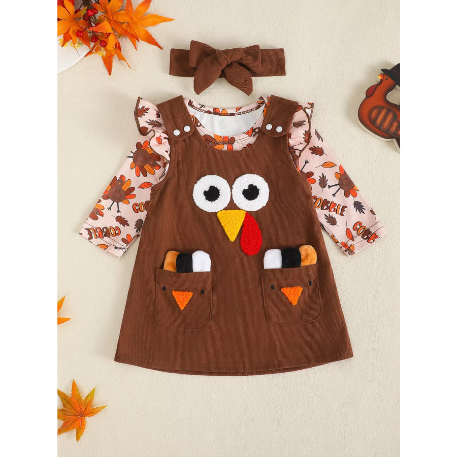 Children’s Long Sleeve Bodysuit & Thanksgiving Turkey Dress Set with Headband Brown / 0-3M Apparel and Accessories