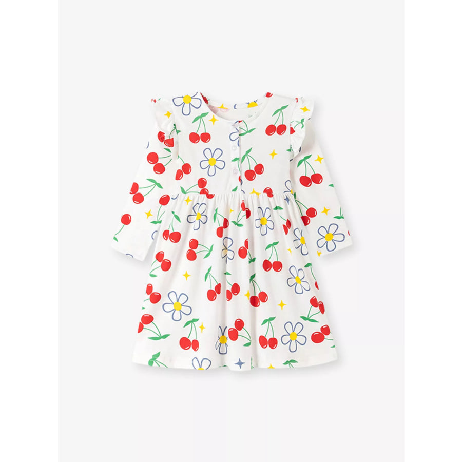 Children’s Long-Sleeve Cherry and Flower Print A-Line Dress Apparel and Accessories