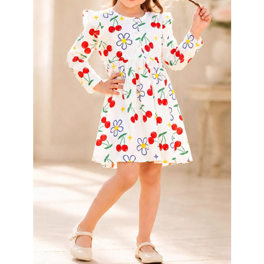 Children’s Long-Sleeve Cherry and Flower Print A-Line Dress Apparel and Accessories