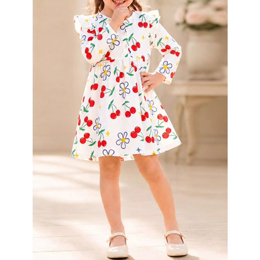 Children’s Long-Sleeve Cherry and Flower Print A-Line Dress Apparel and Accessories