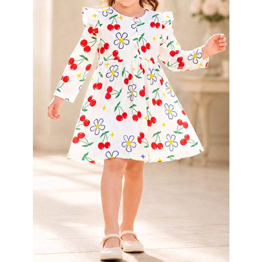 Children’s Long-Sleeve Cherry and Flower Print A-Line Dress Ivory / 2Y Apparel and Accessories