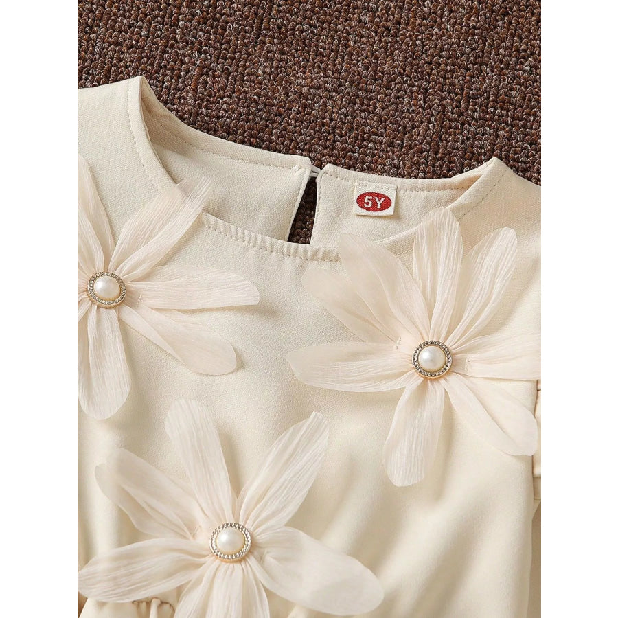 Children’s Long-Sleeve Dress with 3D Floral Appliques and Pearl Accents Apparel Accessories