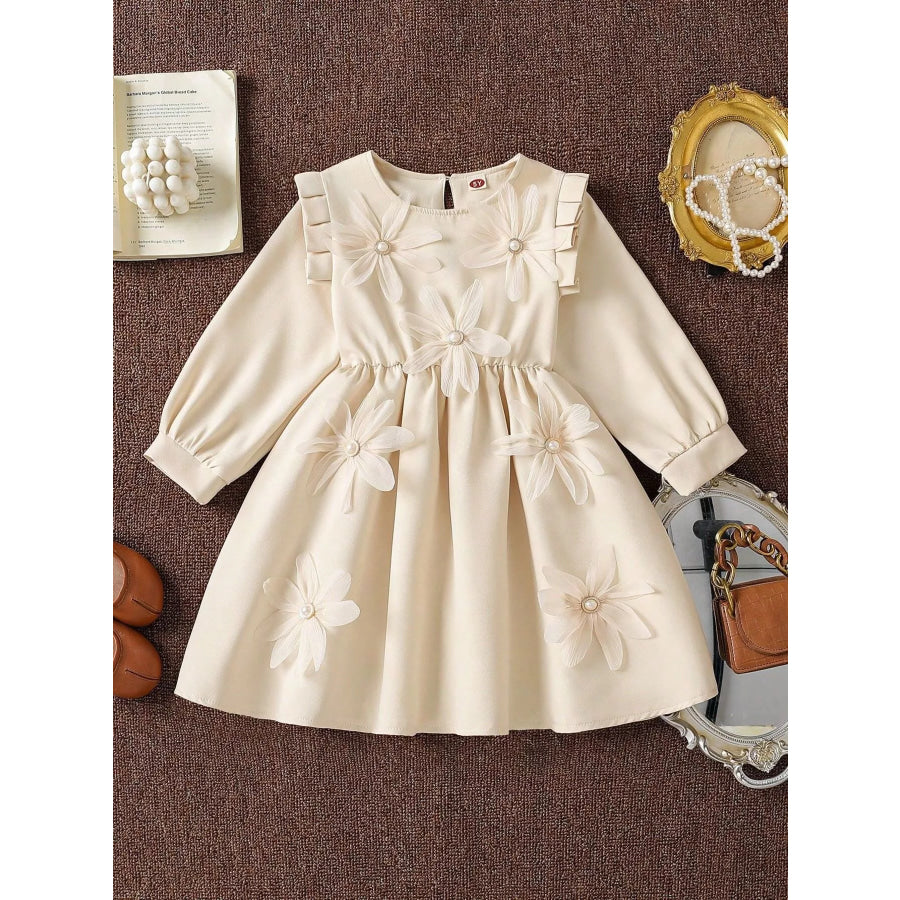 Children’s Long-Sleeve Dress with 3D Floral Appliques and Pearl Accents Apricot Color / 4Y Apparel Accessories