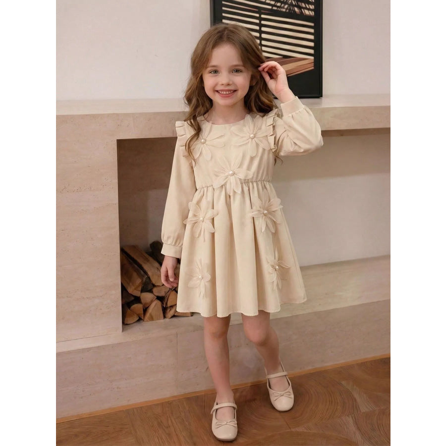 Children’s Long-Sleeve Dress with 3D Floral Appliques and Pearl Accents Apricot Color / 4Y Apparel Accessories