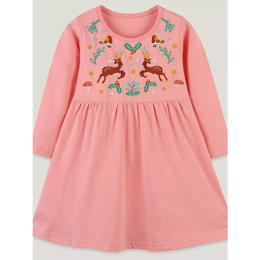 Children’s Long Sleeve Embroidered Deer Dress Pale Blush / 2Y Apparel and Accessories