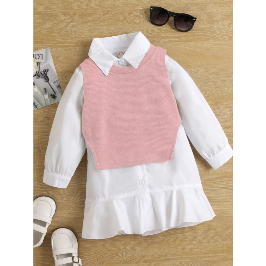 Children’s Long Sleeve Shirt Dress and Knit Vest Set Pink / 2T Apparel and Accessories