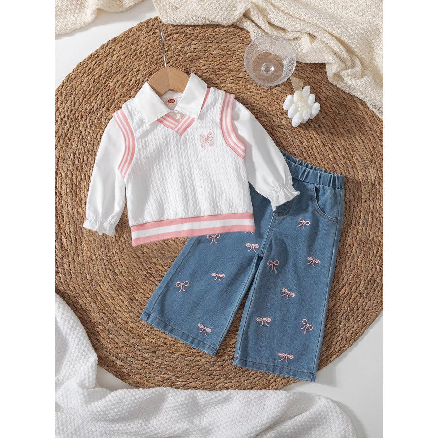 Children’s Long Sleeve Shirt & Knit Vest and Jeans Set White / 6-9M Apparel and Accessories