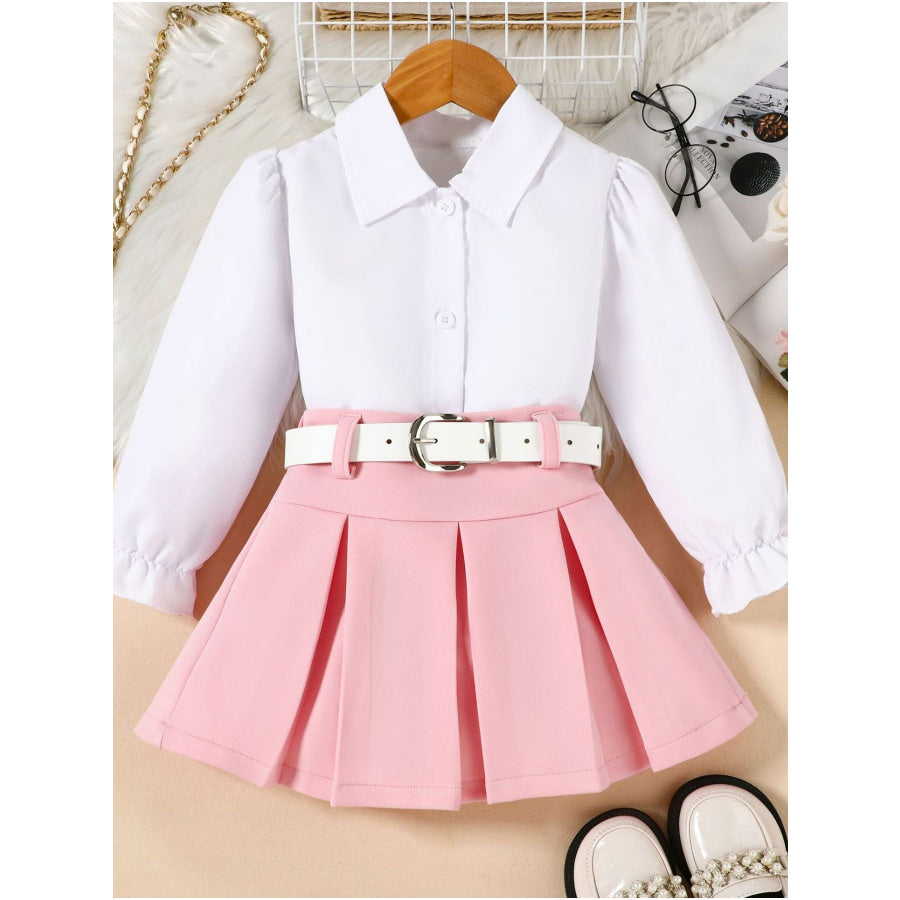 Children’s Long Sleeve Shirt & Pleated Skirt Set with Belt Pink / 18-24M Apparel and Accessories