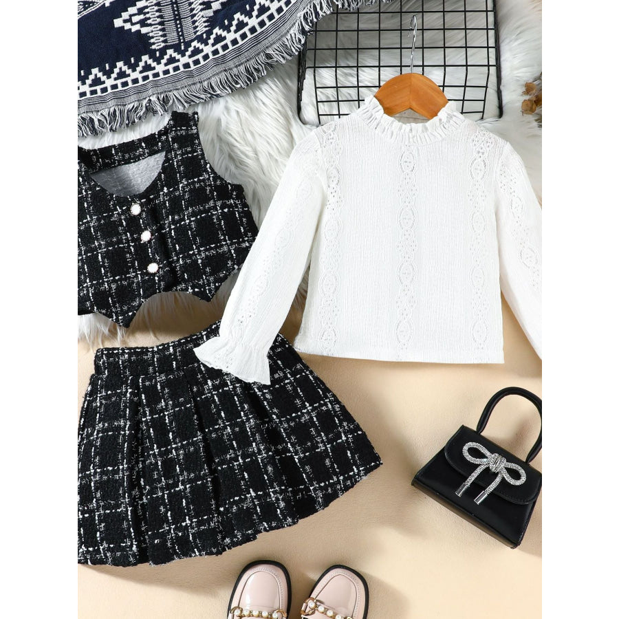 Children’s Long Sleeve Top & Plaid Vest Pleated Skirt Set Apparel and Accessories