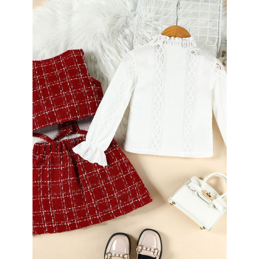 Children’s Long Sleeve Top & Plaid Vest Pleated Skirt Set Apparel and Accessories