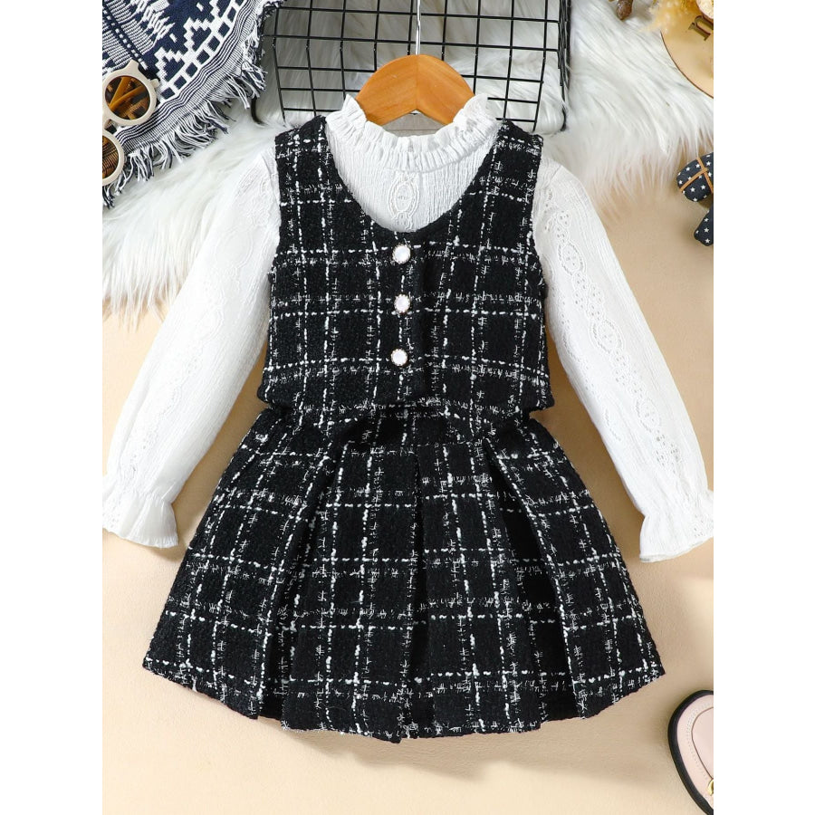 Children’s Long Sleeve Top & Plaid Vest Pleated Skirt Set Black / 18-24M Apparel and Accessories