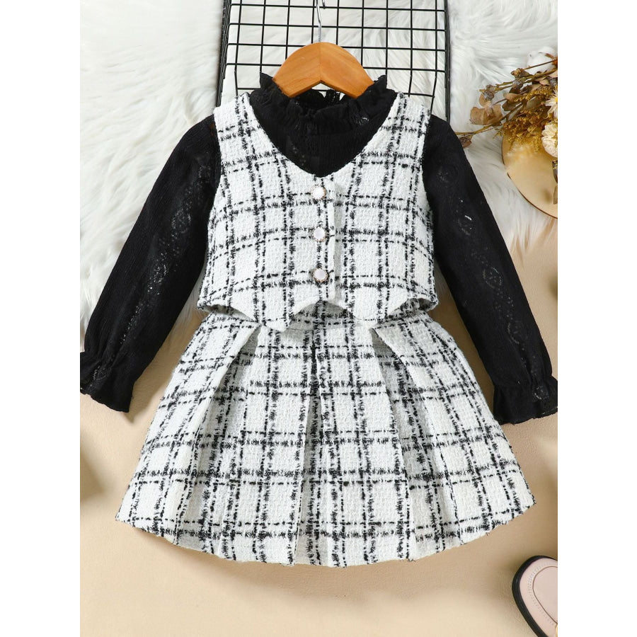 Children’s Long Sleeve Top & Plaid Vest Pleated Skirt Set White / 18-24M Apparel and Accessories