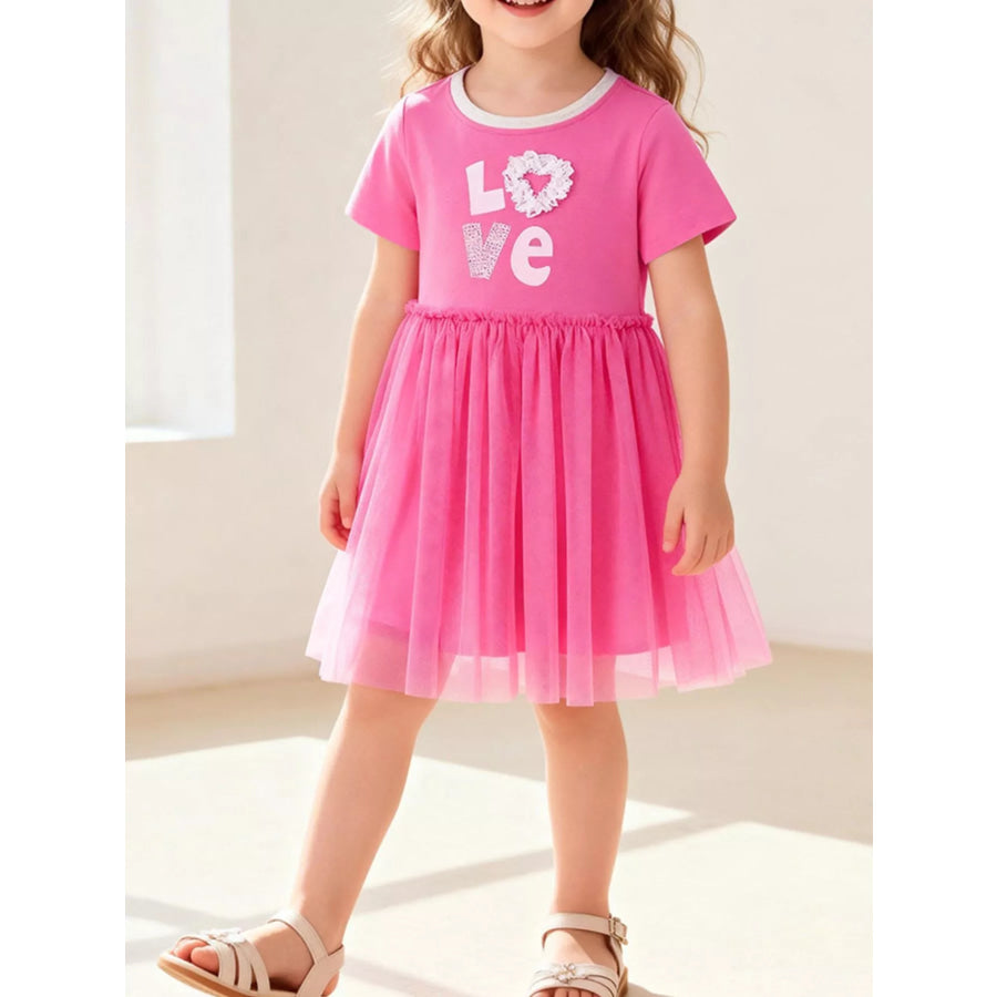Children’s Love Round Neck Tulle Dress Fuchsia Pink / 2Y Apparel and Accessories