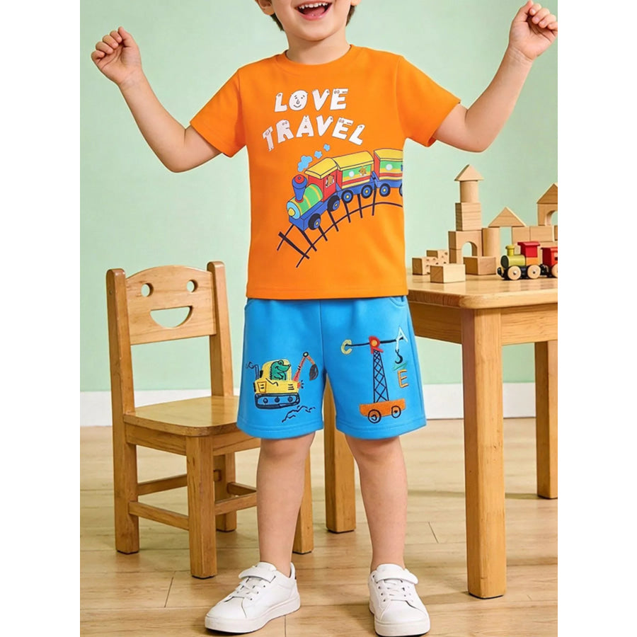 Children’s Love Travel Train Print Casual Set Orange / 2Y Apparel and Accessories