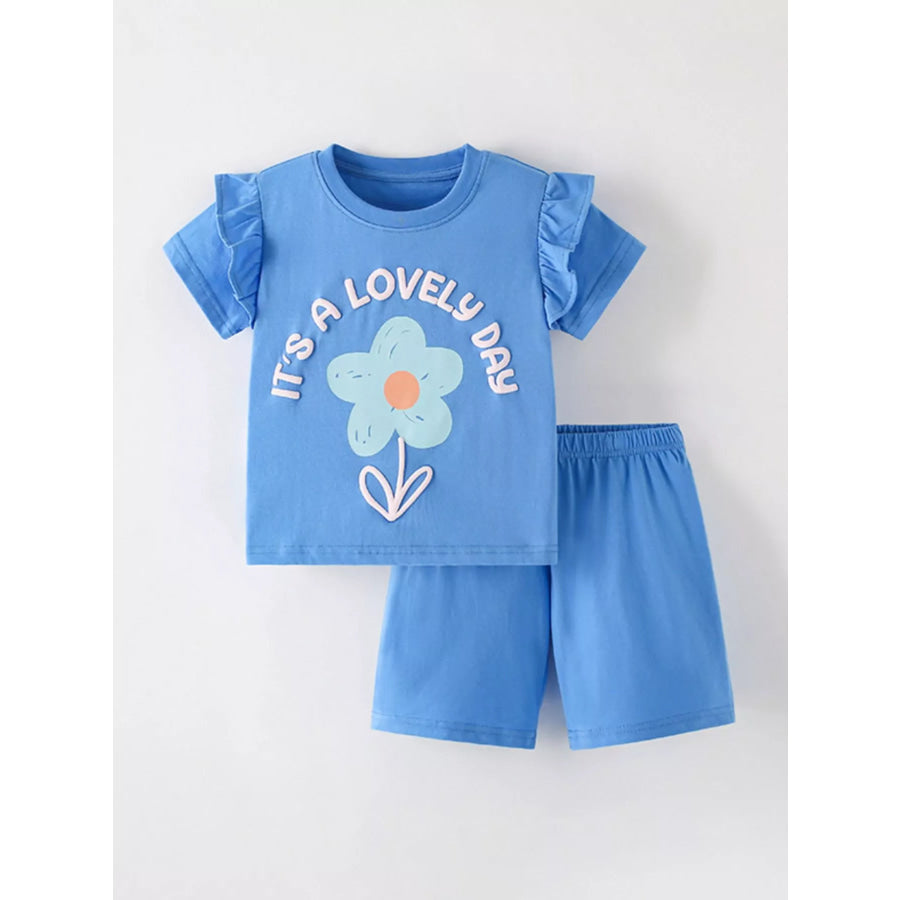 Children’s Lovely Day Flower Print Ruffle Sleeve Top and Shorts Set Sky Blue / 4Y Apparel Accessories