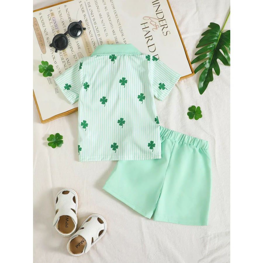 Children’s Lucky Clover Print Striped Shirt & Shorts Set Green / 6-12M Apparel and Accessories