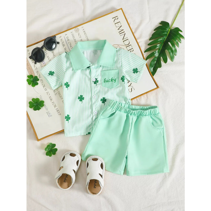 Children’s Lucky Clover Print Striped Shirt & Shorts Set Green / 6-12M Apparel and Accessories