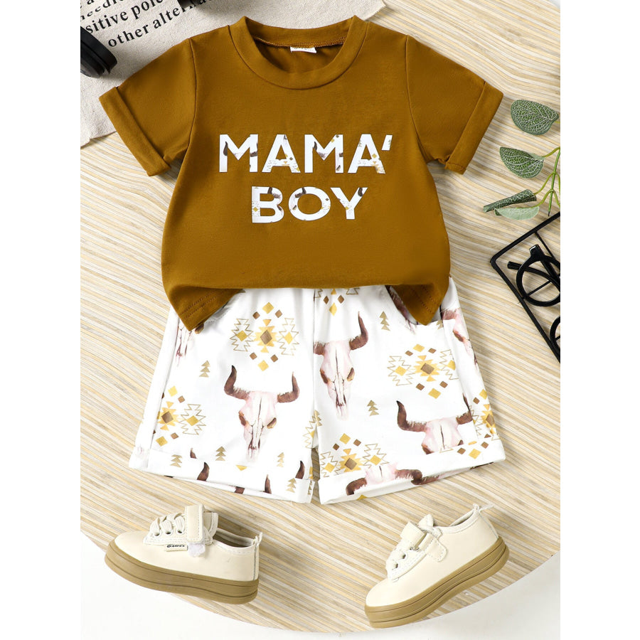 Children’s Mama’ Boy Graphic Casual Tee and Shorts Set Caramel / 6-12M Apparel and Accessories