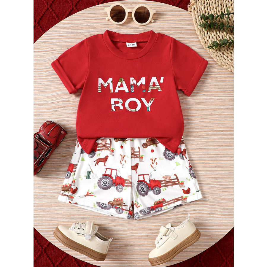 Children’s Mama’ Boy Graphic Casual Tee and Shorts Set Deep Red / 6-12M Apparel and Accessories