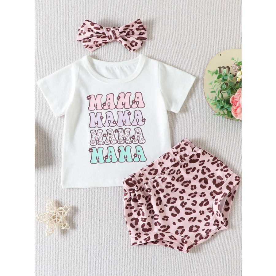 Children’s Mama Graphic Tee and Leopard Shorts Set with Headband White / 0-6M Apparel and Accessories