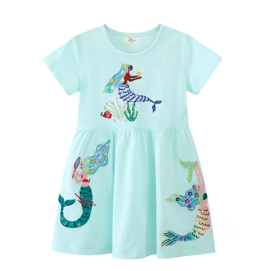 Children’s Mermaid Embroidered Short Sleeve Dress Aqua / 2T Apparel and Accessories
