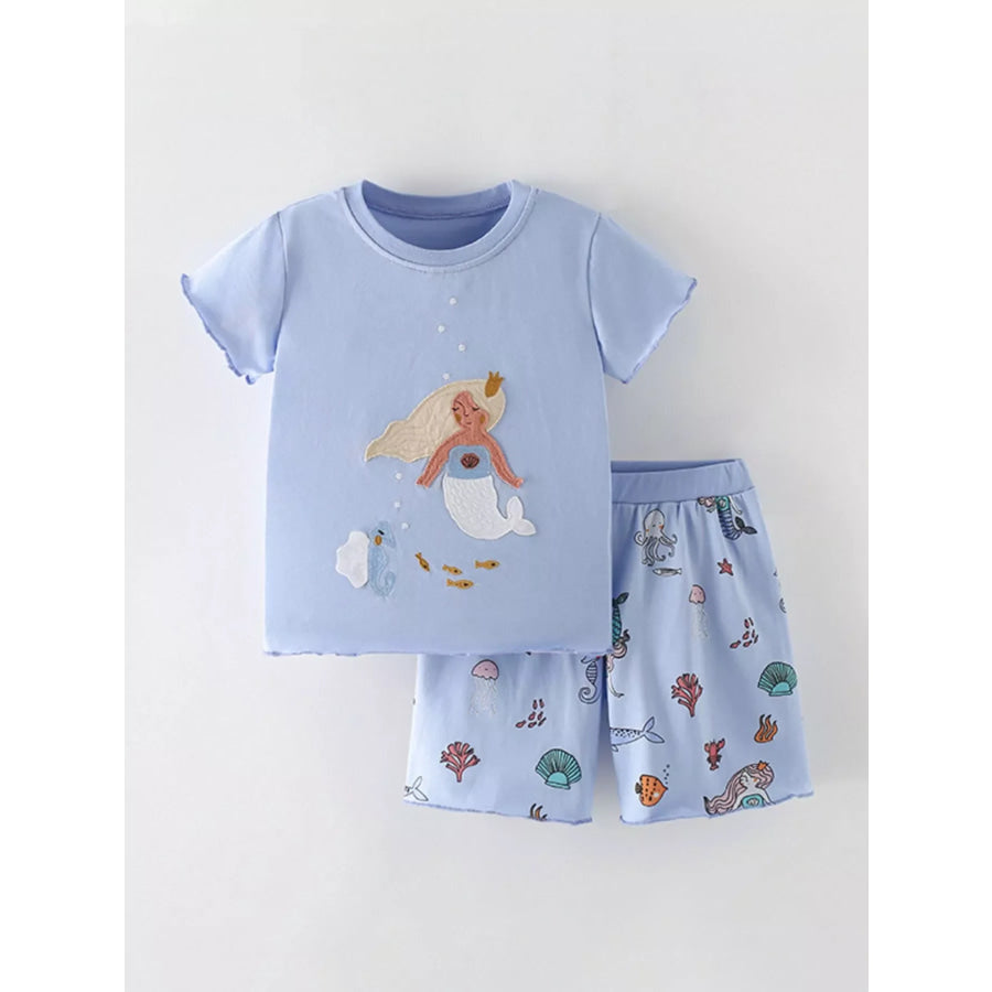 Children’s Mermaid Round Neck Tee and Shorts Set Light Blue / 5T Apparel and Accessories