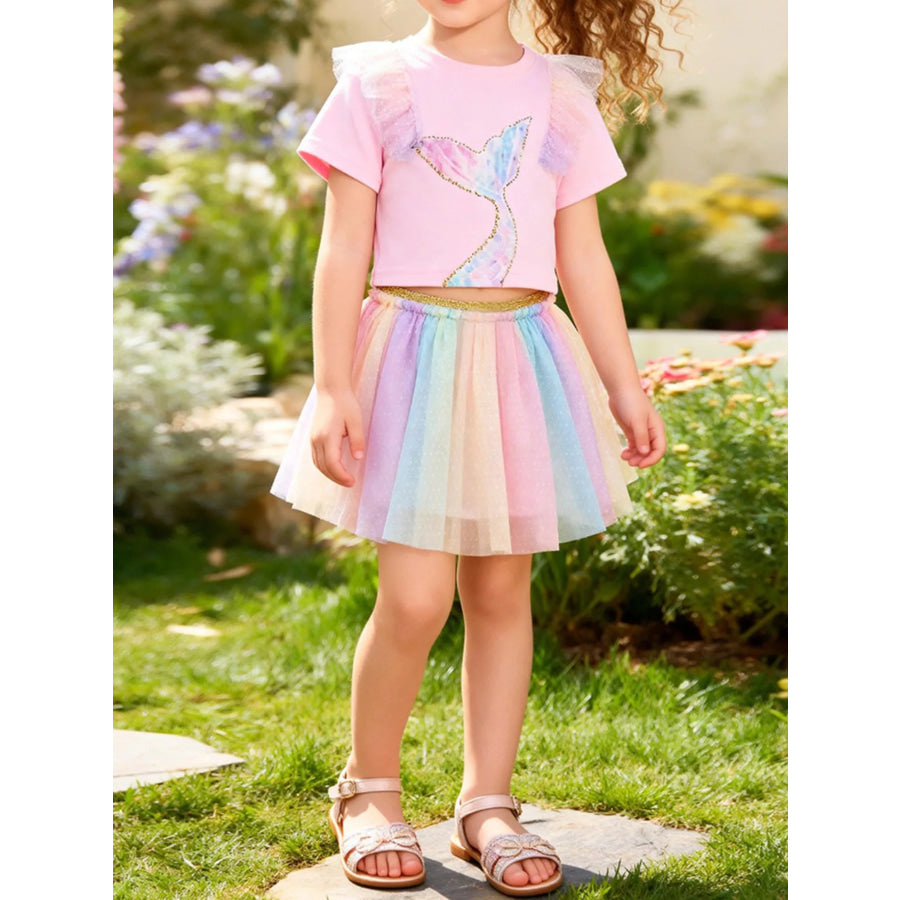 Children’s Mermaid Tail Tee & Rainbow Tulle Skirt Set Blush Pink / 3Y Apparel and Accessories