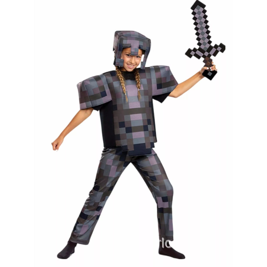 Children’s Minecraft Pixelated Print Costume Set Netherite Armor / S Apparel and Accessories