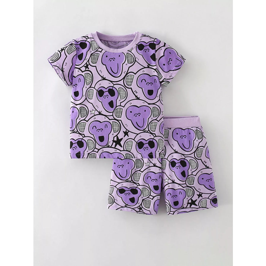 Children’s Monkey Print Tee and Shorts Set Purple / 3Y Apparel and Accessories