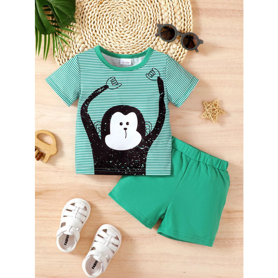 Children’s Monkey Striped Top and Shorts Set Green / 6-9M Apparel and Accessories