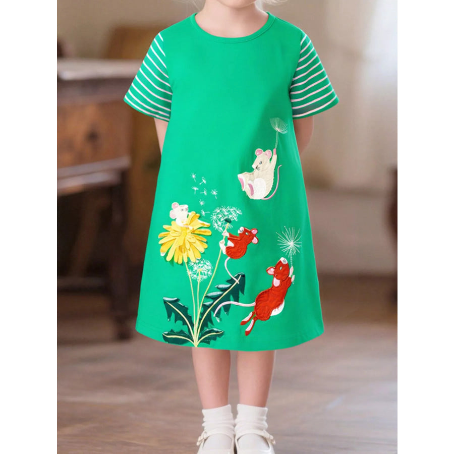 Children’s Mouse & Dandelion Embroidered Dress Green / 2Y Apparel and Accessories