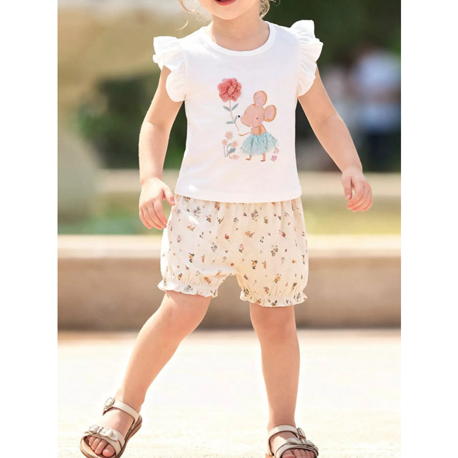 Children’s Mouse Ruffle Sleeve Top & Floral Print Shorts Set White / 2Y Apparel and Accessories