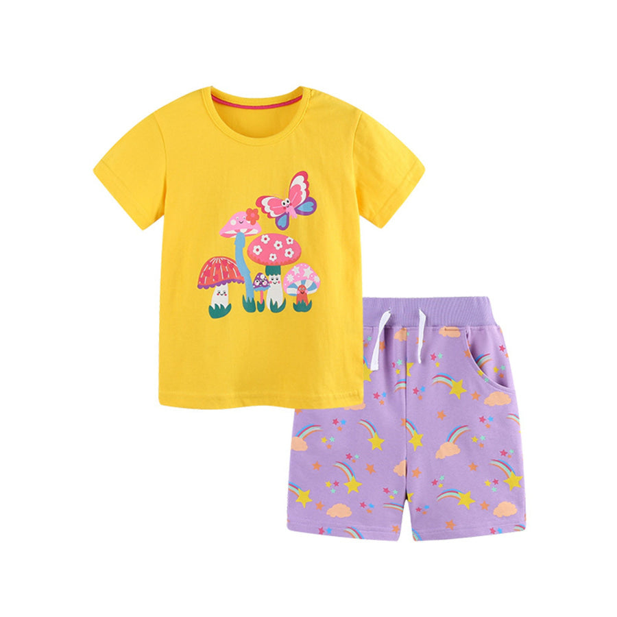Children’s Mushroom & Butterfly Print Tee and Shorts Set Multicolor / 2Y Apparel and Accessories