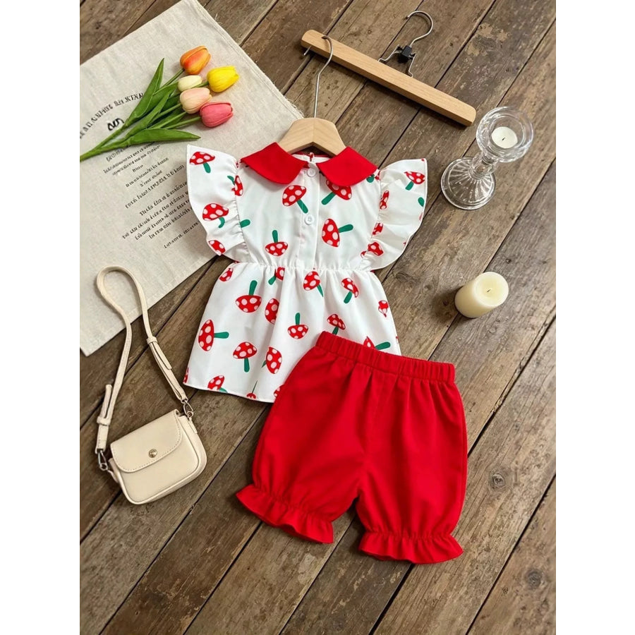 Children’s Mushroom Print Ruffle Trim Top & Shorts Set Apparel and Accessories