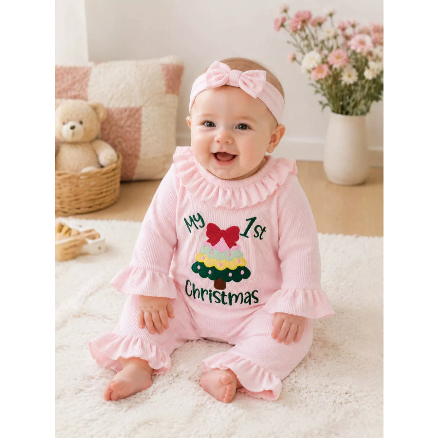 Children’s ’My 1st Christmas’ Ribbed Ruffle Jumpsuit and Headband Set Pink / Newborn Apparel and Accessories
