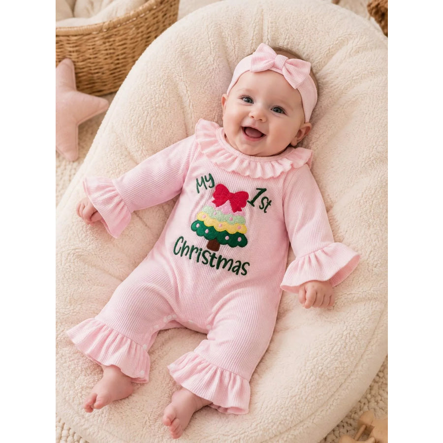 Children’s ’My 1st Christmas’ Ribbed Ruffle Jumpsuit and Headband Set Pink / Newborn Apparel and Accessories