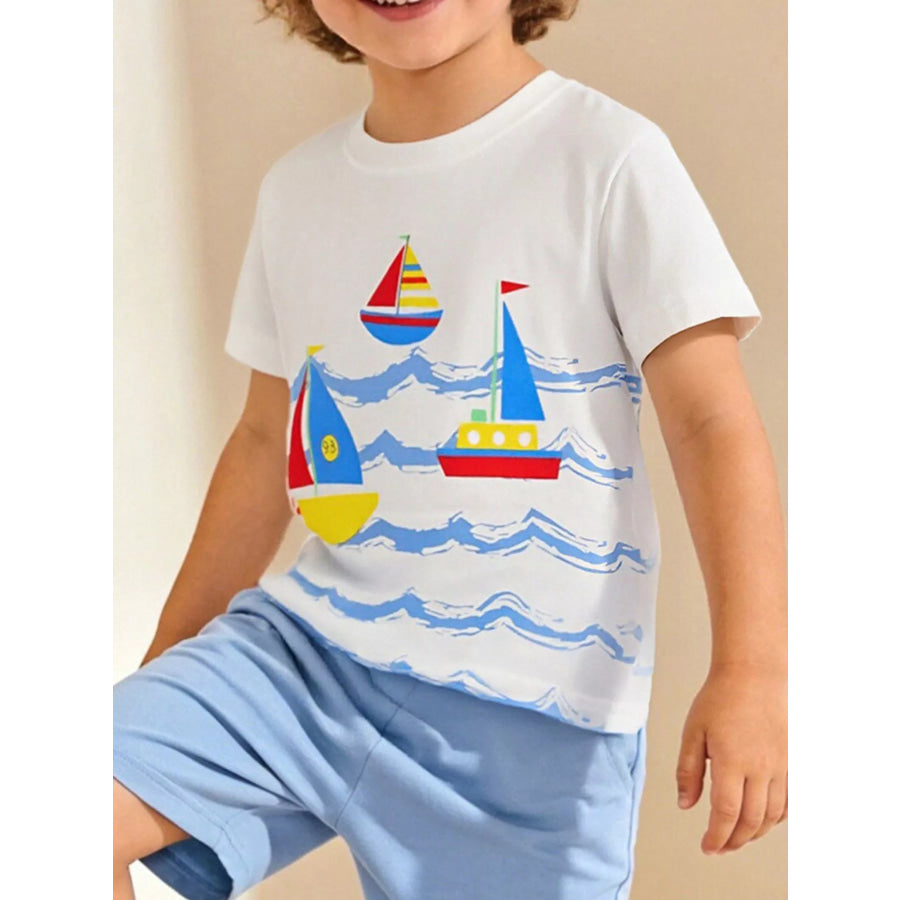 Children’s Nautical Sailboat Print Crew Neck T-Shirt White / 2Y Apparel and Accessories