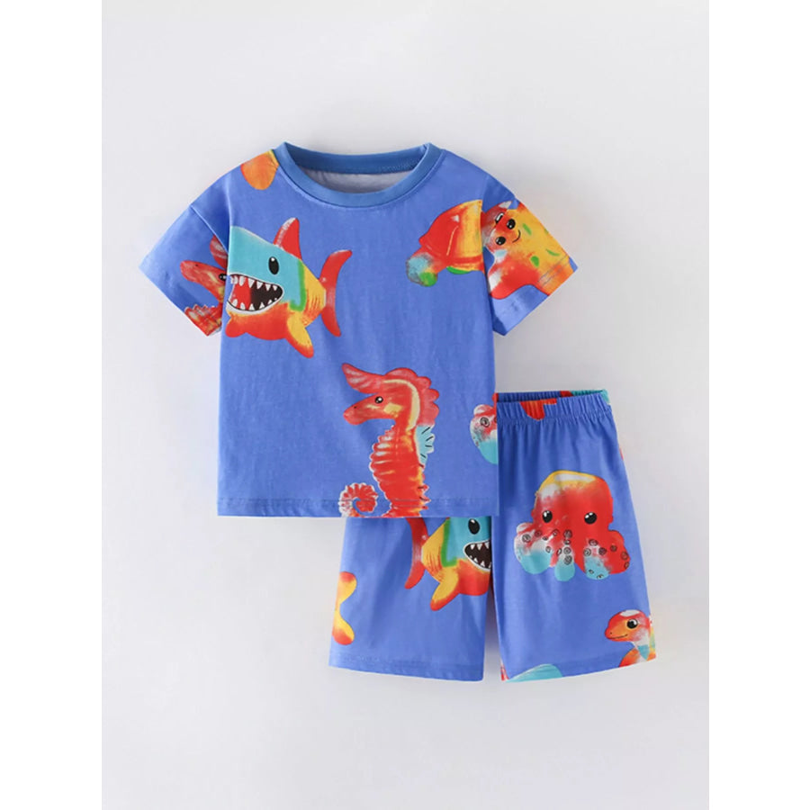 Children’s Ocean Animal Print Tee and Shorts Set Royal Blue / 3Y Apparel and Accessories