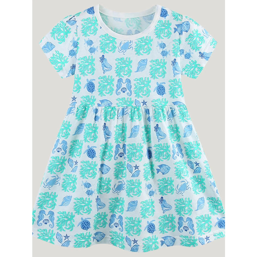 Children’s Ocean Print Casual Summer Dress Aqua / 2Y Apparel and Accessories