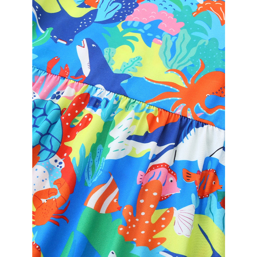 Children’s Ocean Print Round Neck Casual Dress Apparel and Accessories