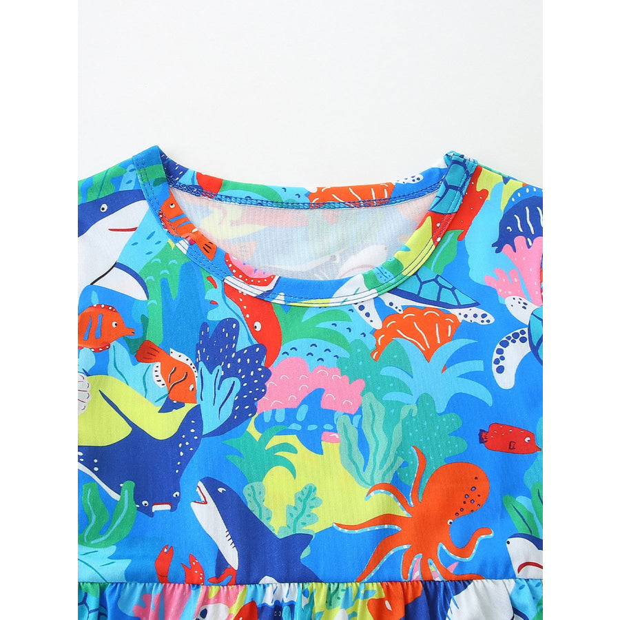 Children’s Ocean Print Round Neck Casual Dress Apparel and Accessories
