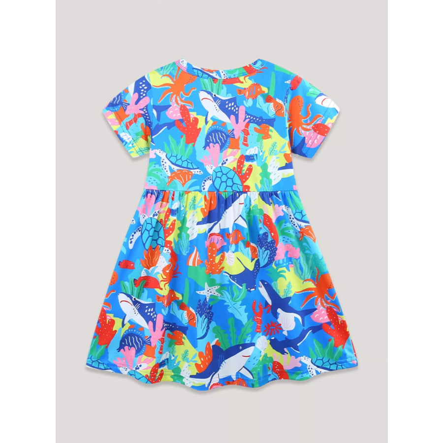 Children’s Ocean Print Round Neck Casual Dress Apparel and Accessories
