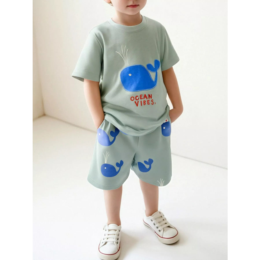 Children’s Ocean Vibes Whale Embroidered Tee and Shorts Set Sage / 2Y Apparel and Accessories